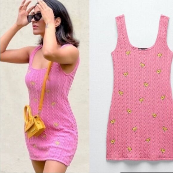 ZARA Floral Embroidery Cable Knit Dress Blogger Favorite Size S - Picture 2 of 7